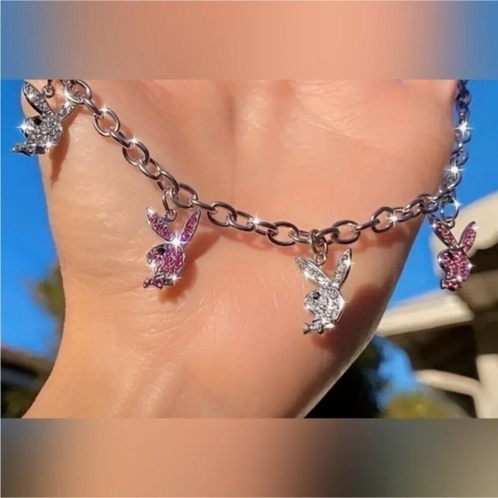 Playboy Bunny Silver Pink Rhinestone Crystal Charm Chain LolitaNecklace